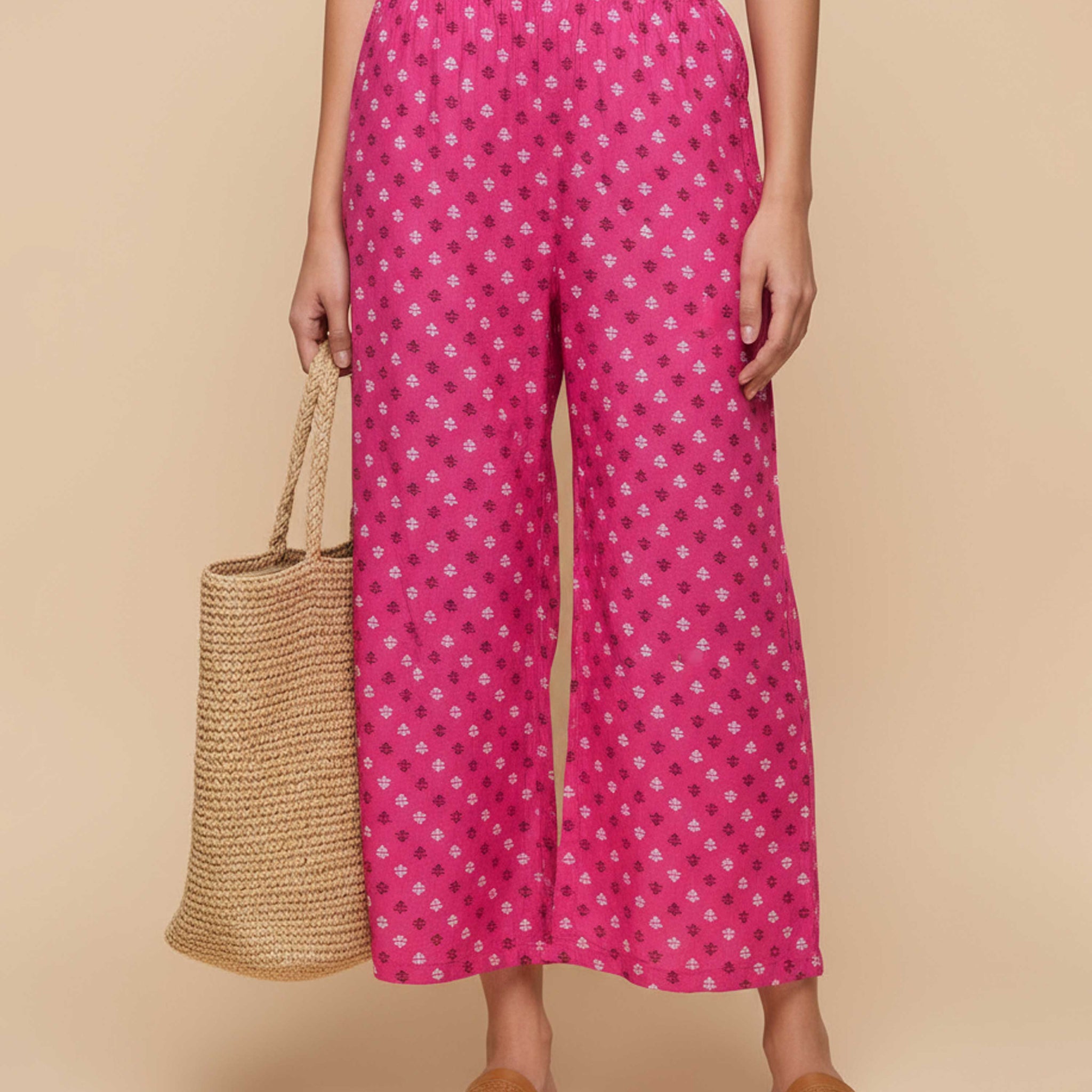 Women's Printed Wide-Leg Palazzo Pant with Elasticated Waistband - Pink-Main