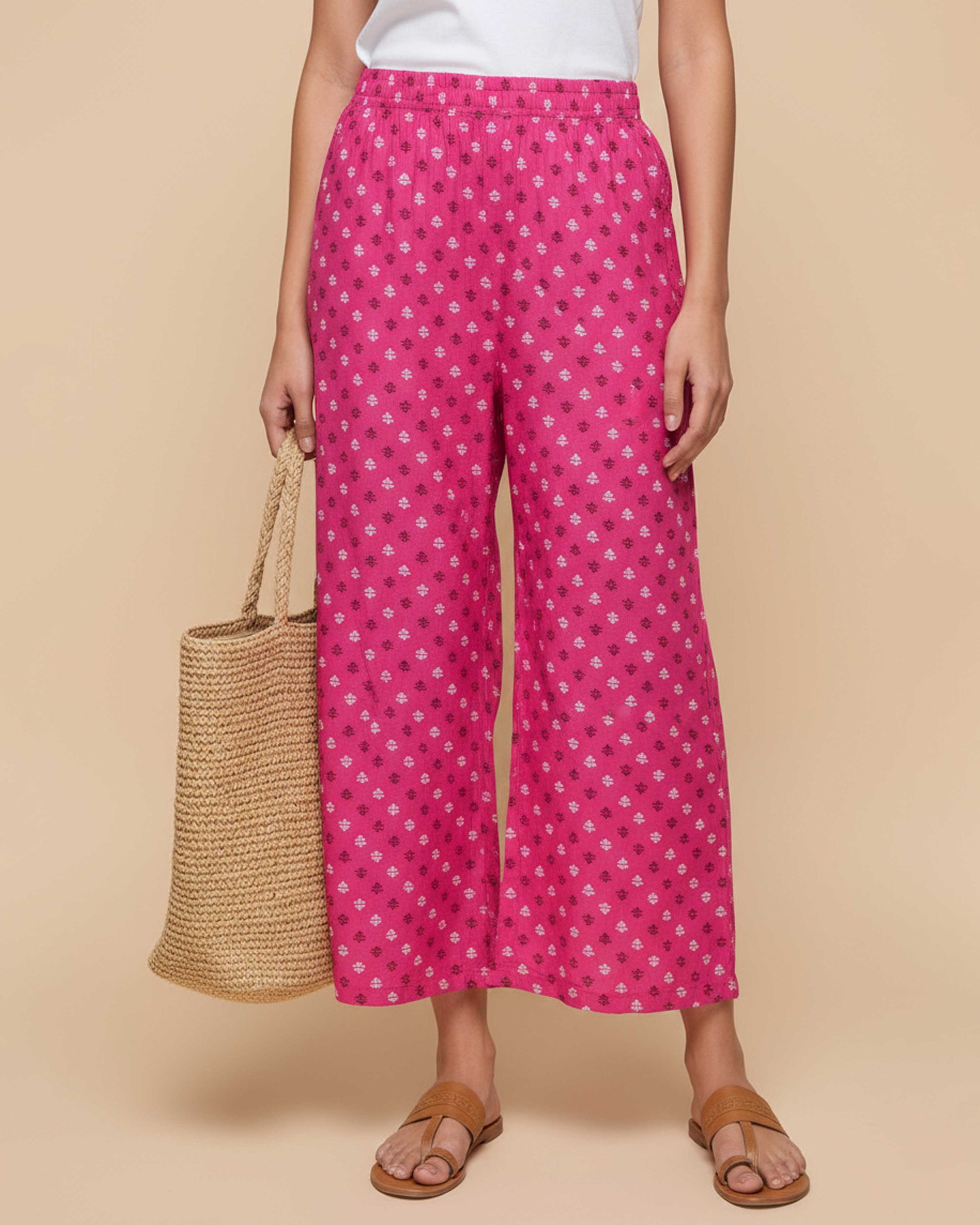 Women's Printed Wide-Leg Palazzo Pant with Elasticated Waistband - Pink-Main