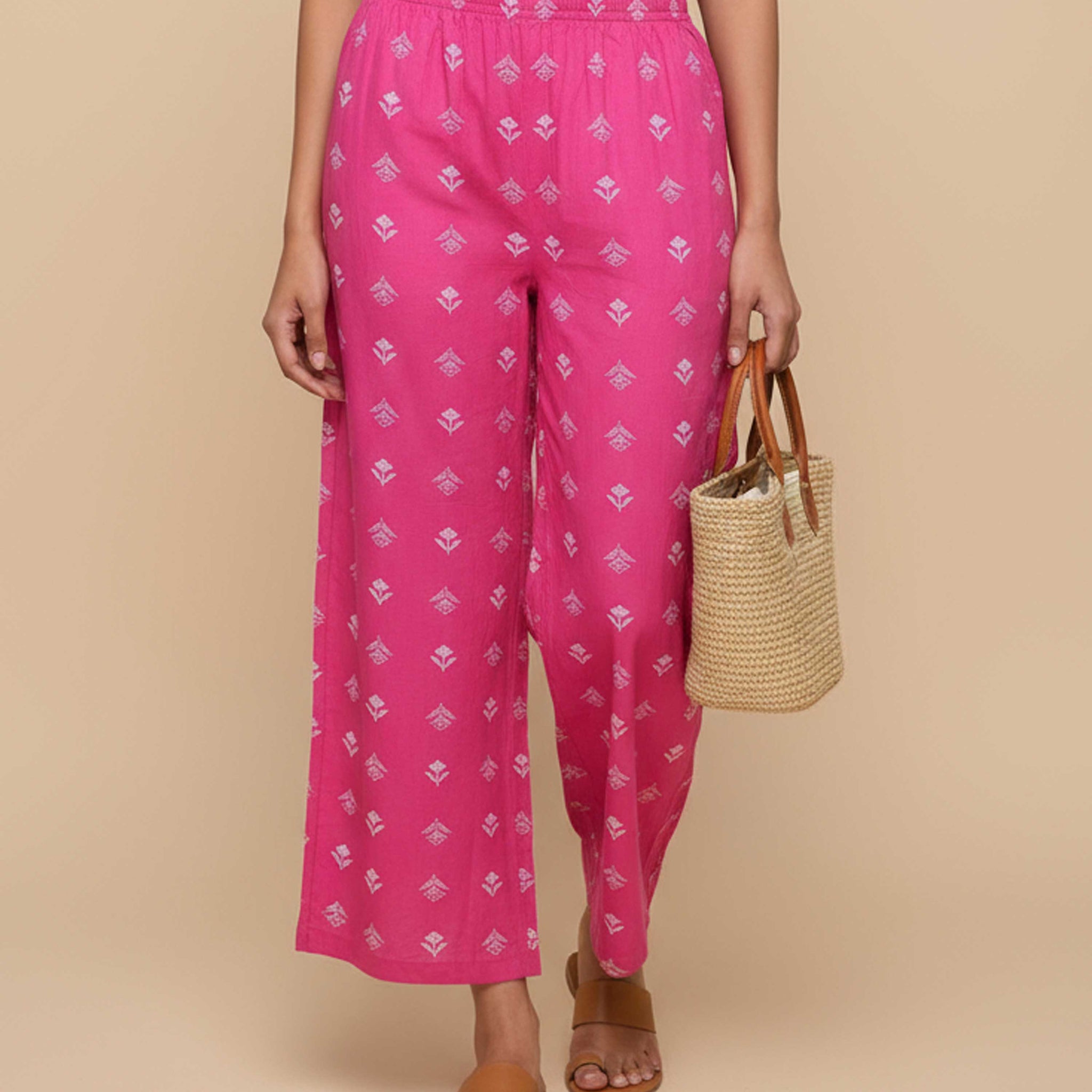 Women's Printed Wide-Leg Palazzo Pant with Elasticated Waistband - Pink