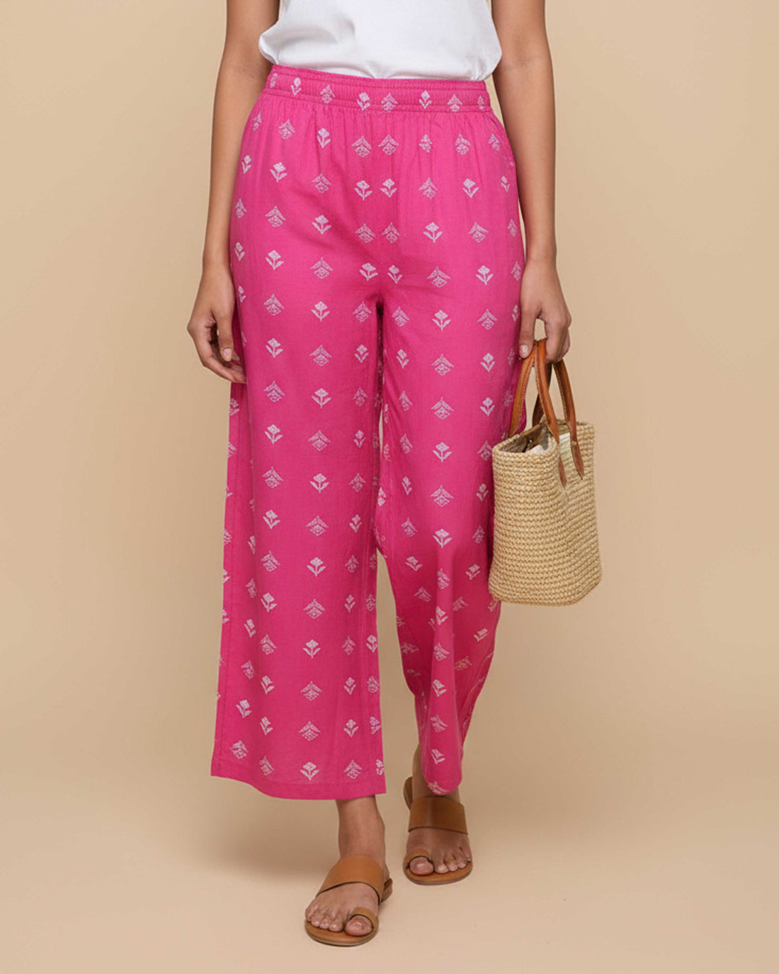 Women's Printed Wide-Leg Palazzo Pant with Elasticated Waistband - Pink