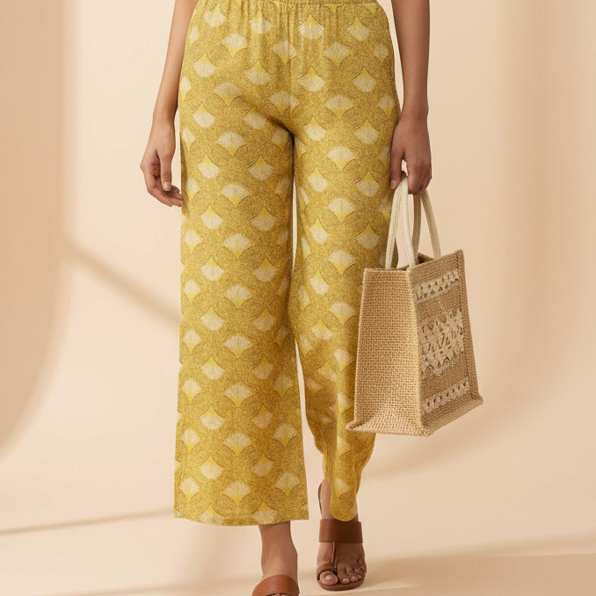 Women's Printed Wide-Leg Palazzo Pant with Elasticated Waistband - Sandal