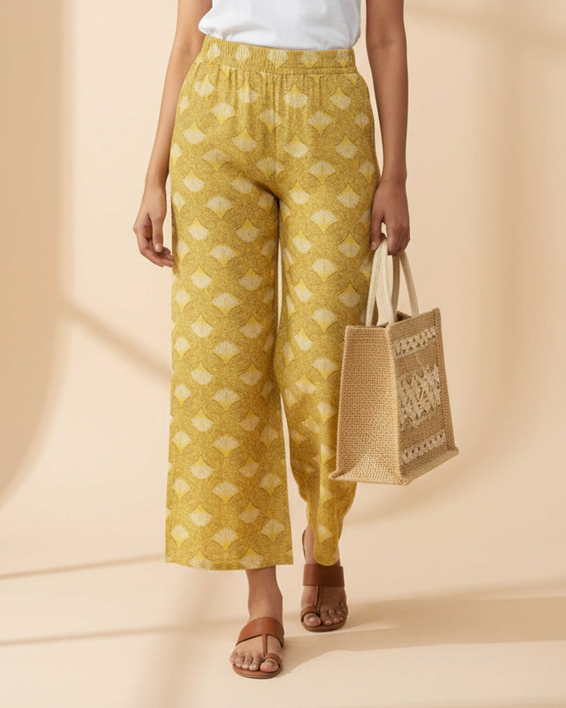 Women's Printed Wide-Leg Palazzo Pant with Elasticated Waistband - Sandal