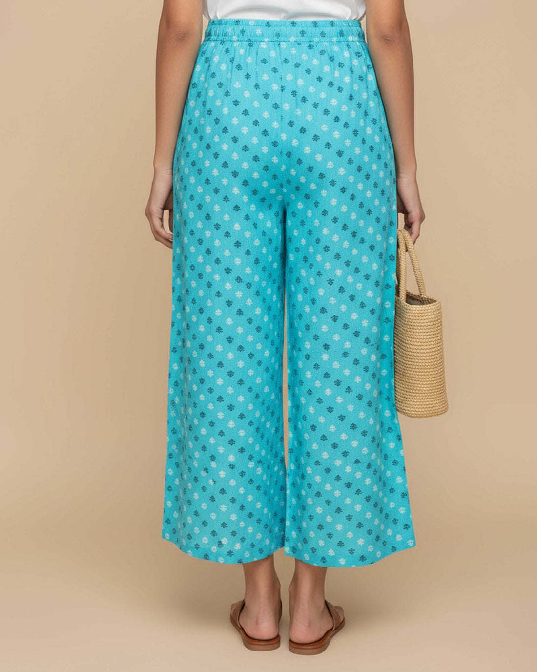 Women's Printed Wide-Leg Palazzo Pant with Elasticated Waistband - Sky Blue