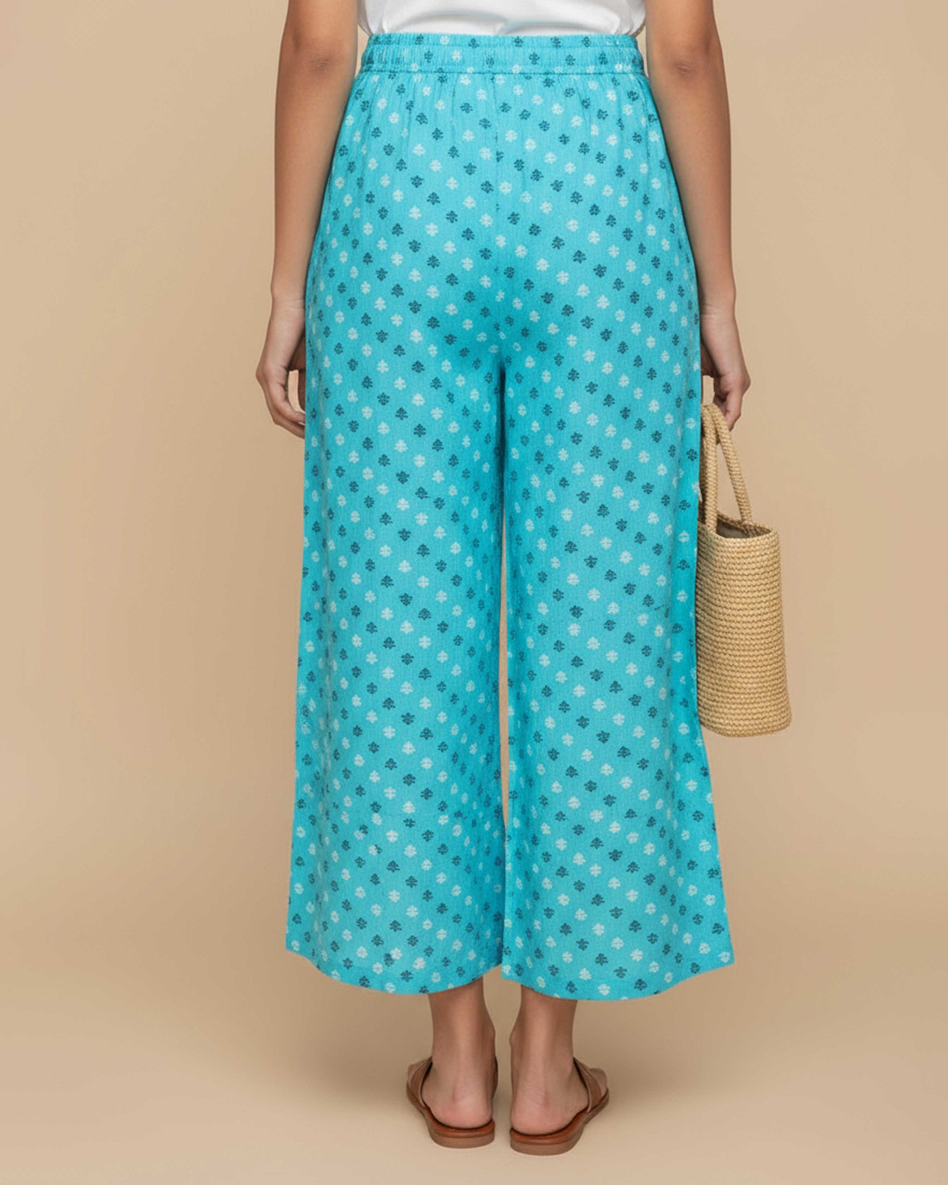 Women's Printed Wide-Leg Palazzo Pant with Elasticated Waistband - Sky Blue-Back