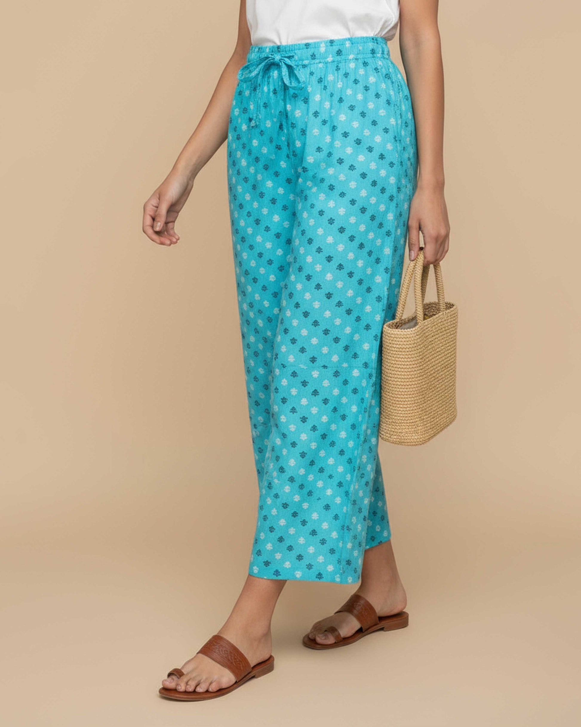 Women's Printed Wide-Leg Palazzo Pant with Elasticated Waistband - Sky Blue-Side
