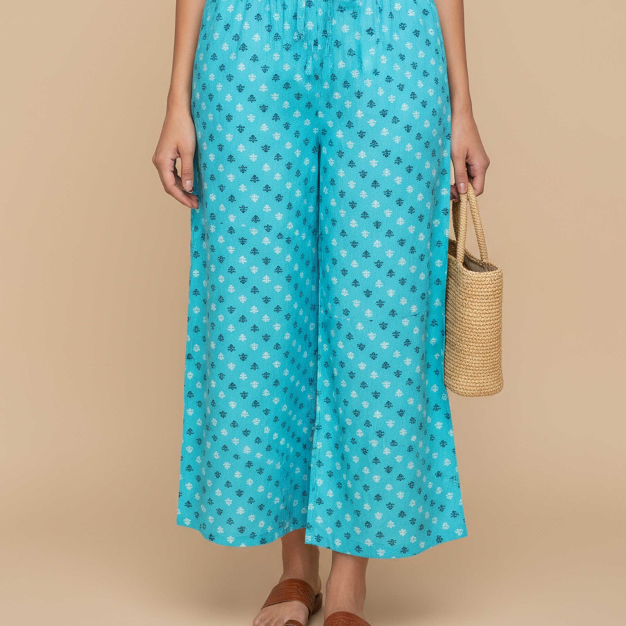 Women's Printed Wide-Leg Palazzo Pant with Elasticated Waistband - Sky Blue