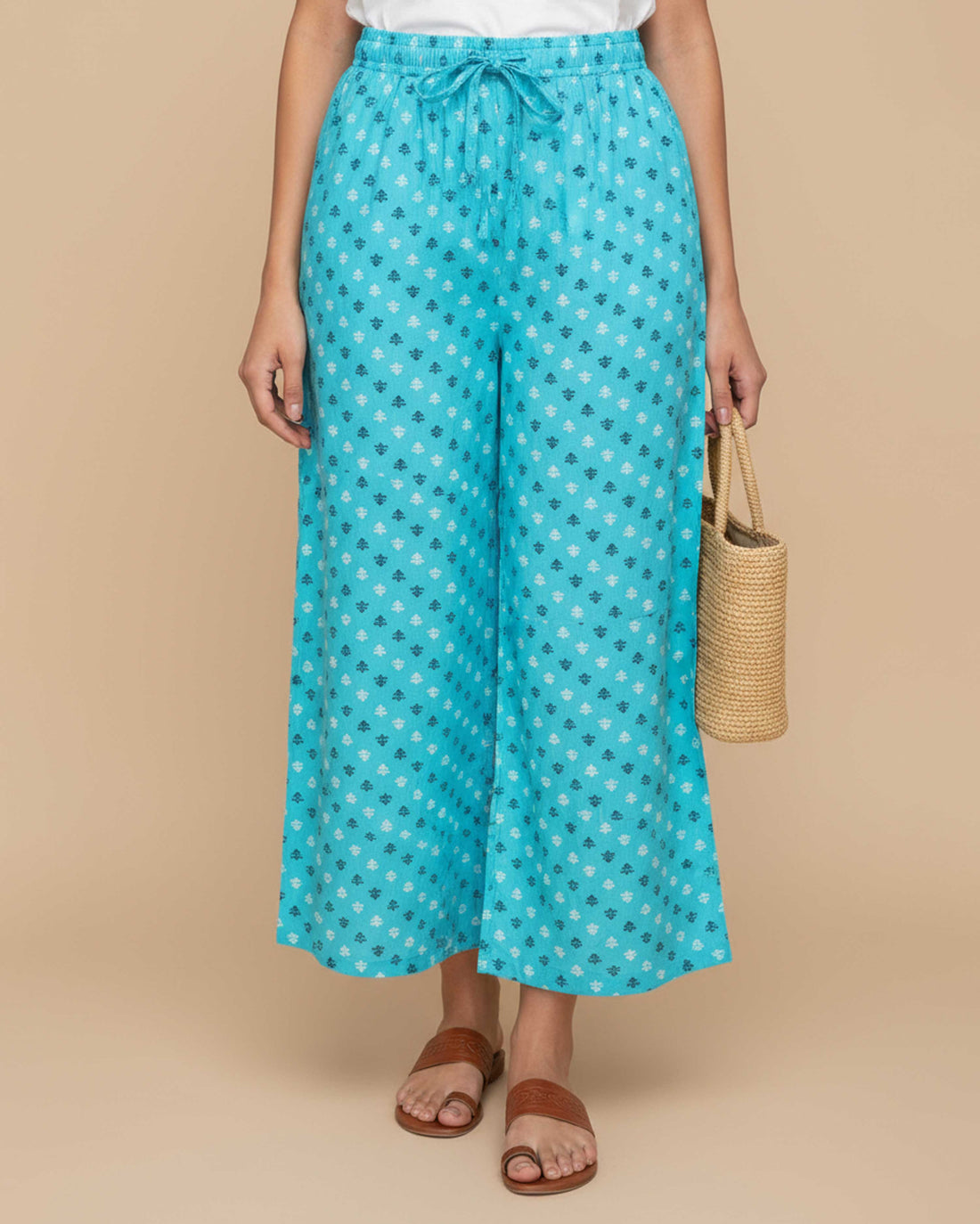 Women's Printed Wide-Leg Palazzo Pant with Elasticated Waistband - Sky Blue