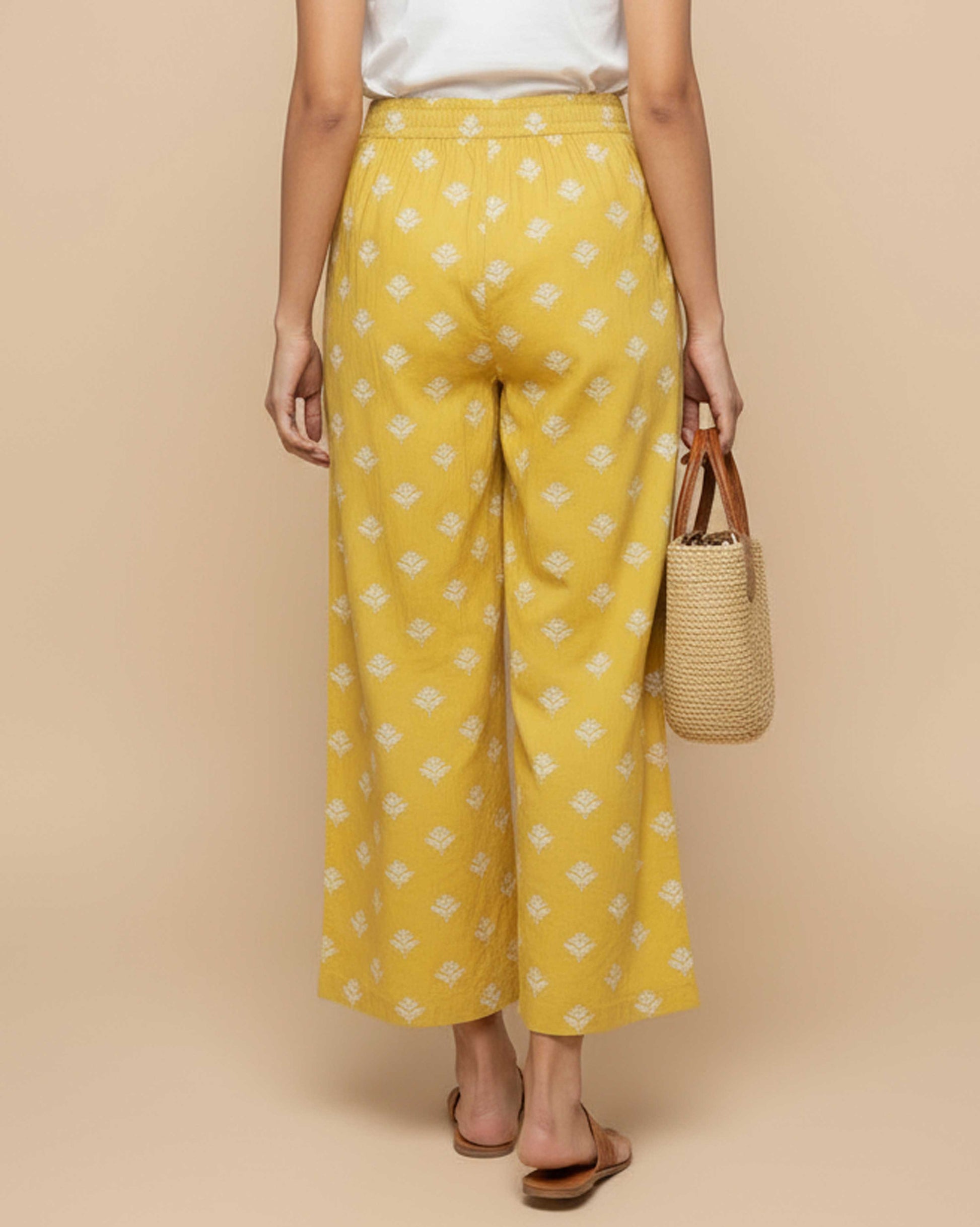 Women's Printed Wide-Leg Palazzo Pant with Elasticated Waistband - Yellow-Back