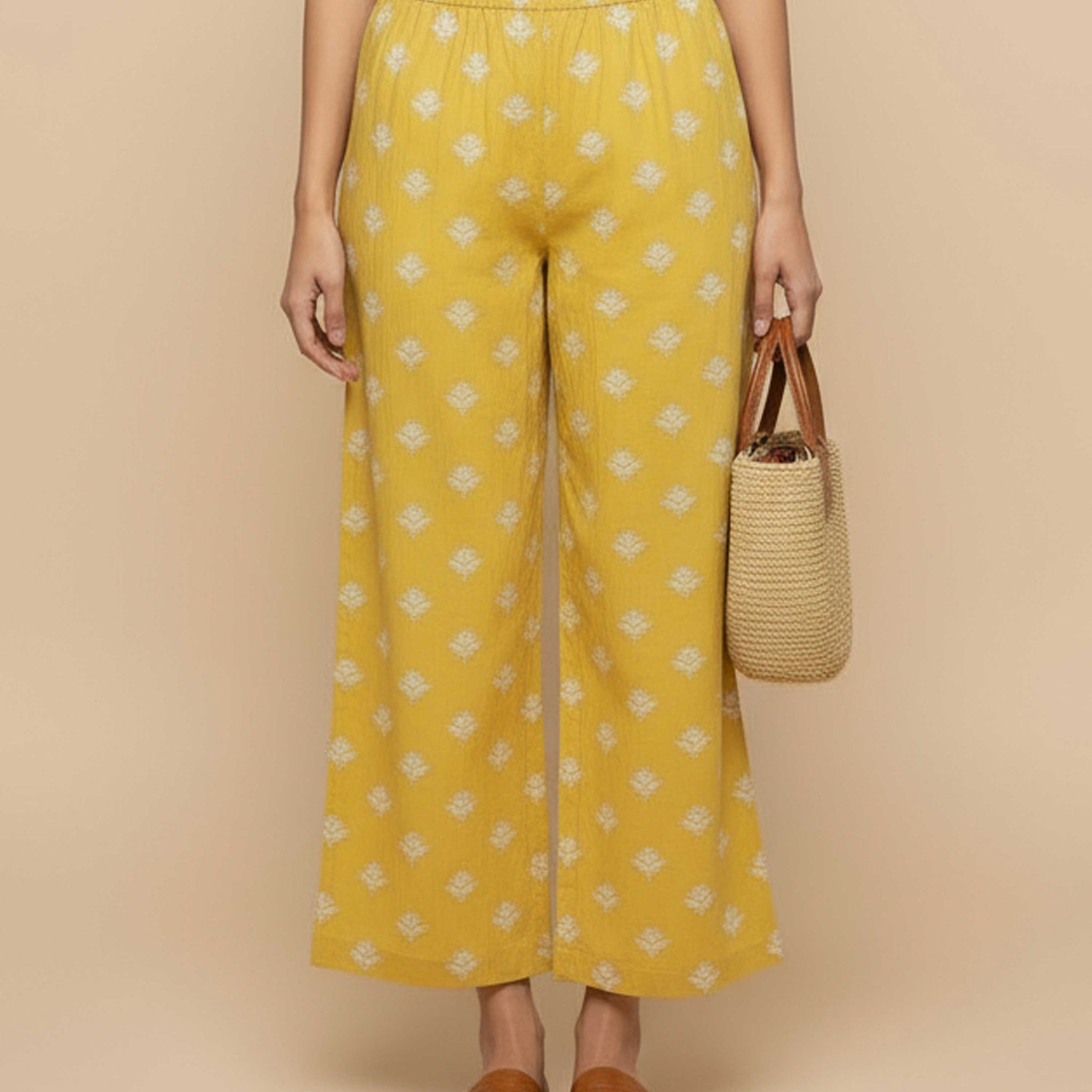 Women's Printed Wide-Leg Palazzo Pant with Elasticated Waistband - Yellow