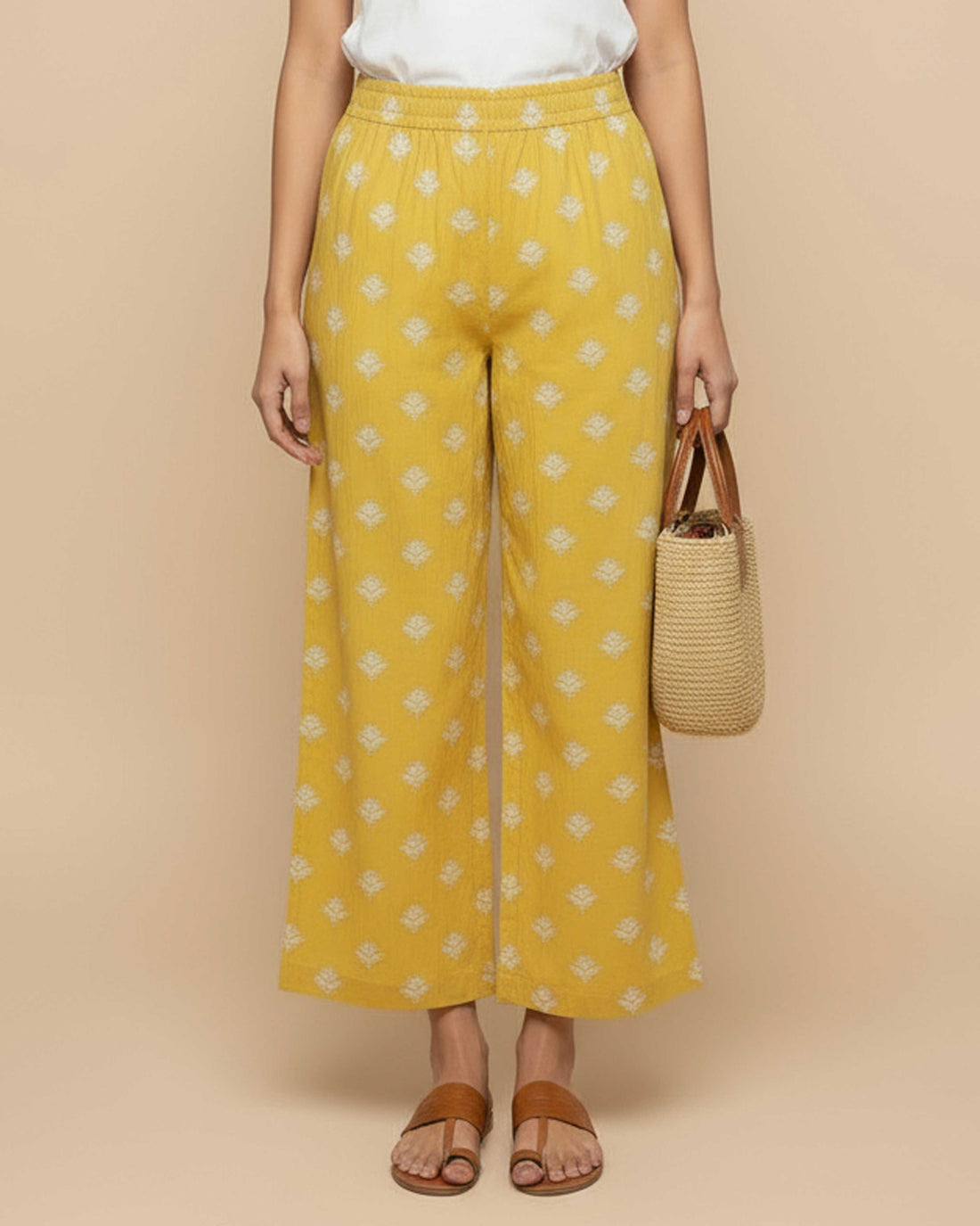 Women's Printed Wide-Leg Palazzo Pant with Elasticated Waistband - Yellow