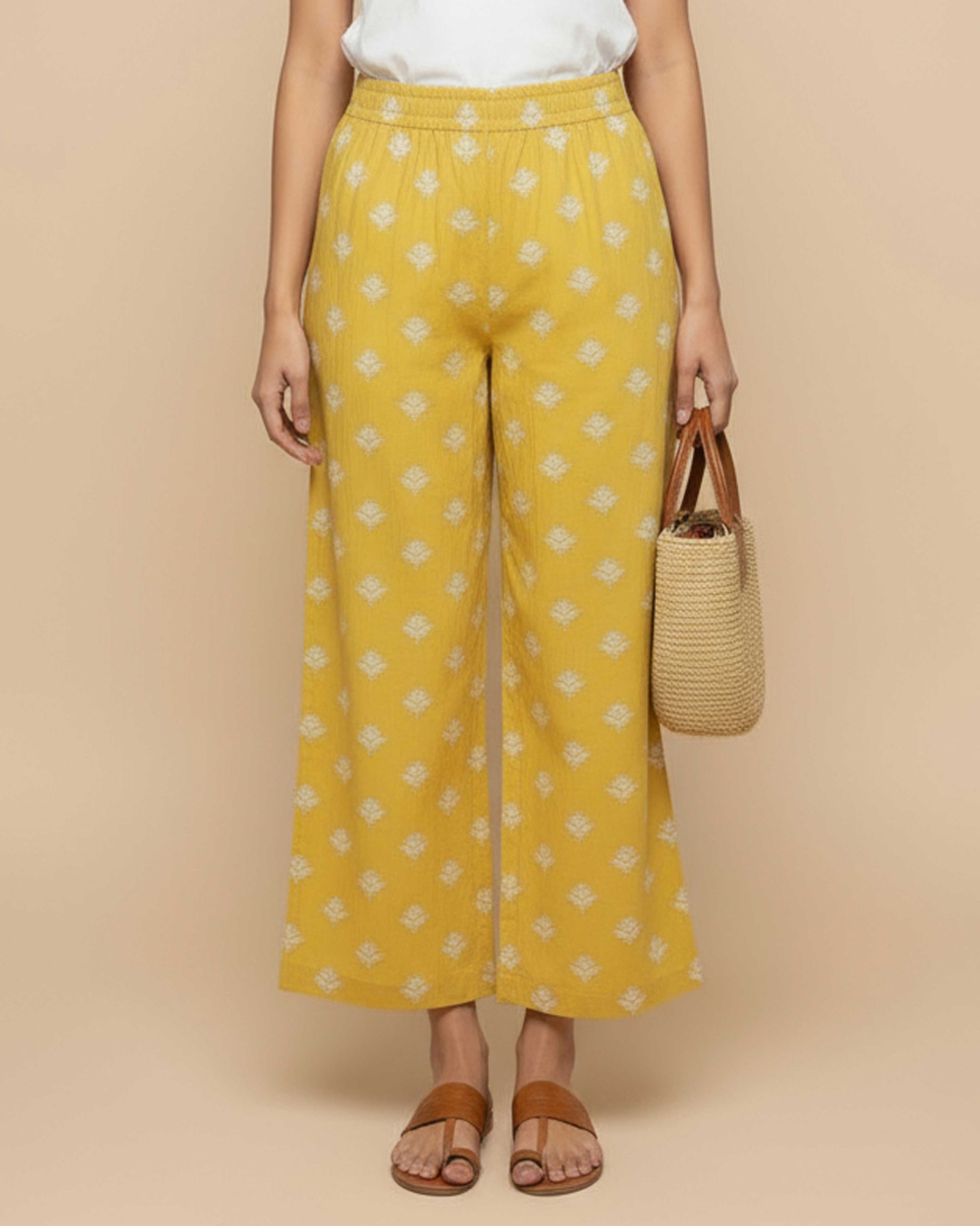 Women's Printed Wide-Leg Palazzo Pant with Elasticated Waistband - Yellow
