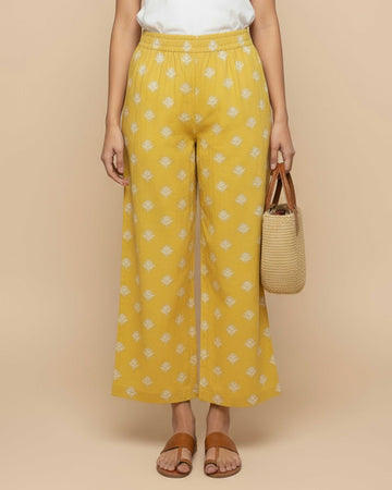 Women's Printed Wide-Leg Palazzo Pant with Elasticated Waistband - Yellow