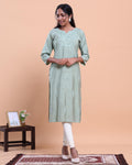 Women's Self-Design Straight Kurta with Round Neck and Thread Work - Light Green