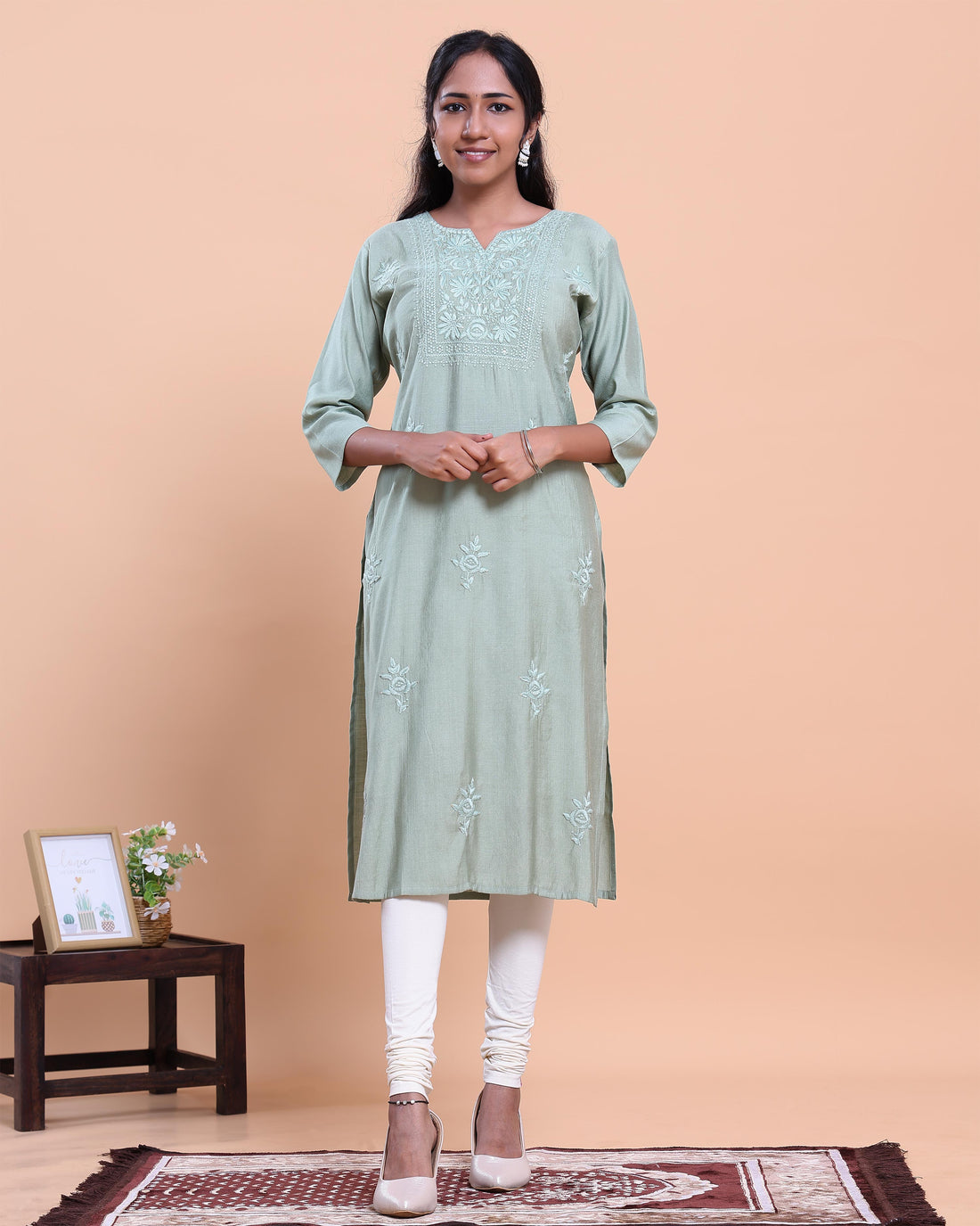 Women's Self-Design Straight Kurta with Round Neck and Thread Work - Light Green