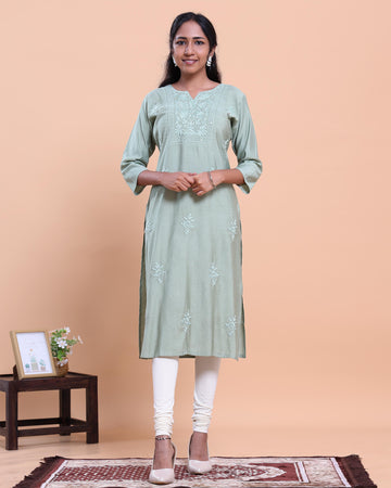 Women's Self-Design Straight Kurta with Round Neck and Thread Work - Light Green