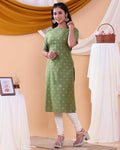 Stylish Printed Women’s Straight Kurta with Round Neck and Elbow Sleeves - Green-Back