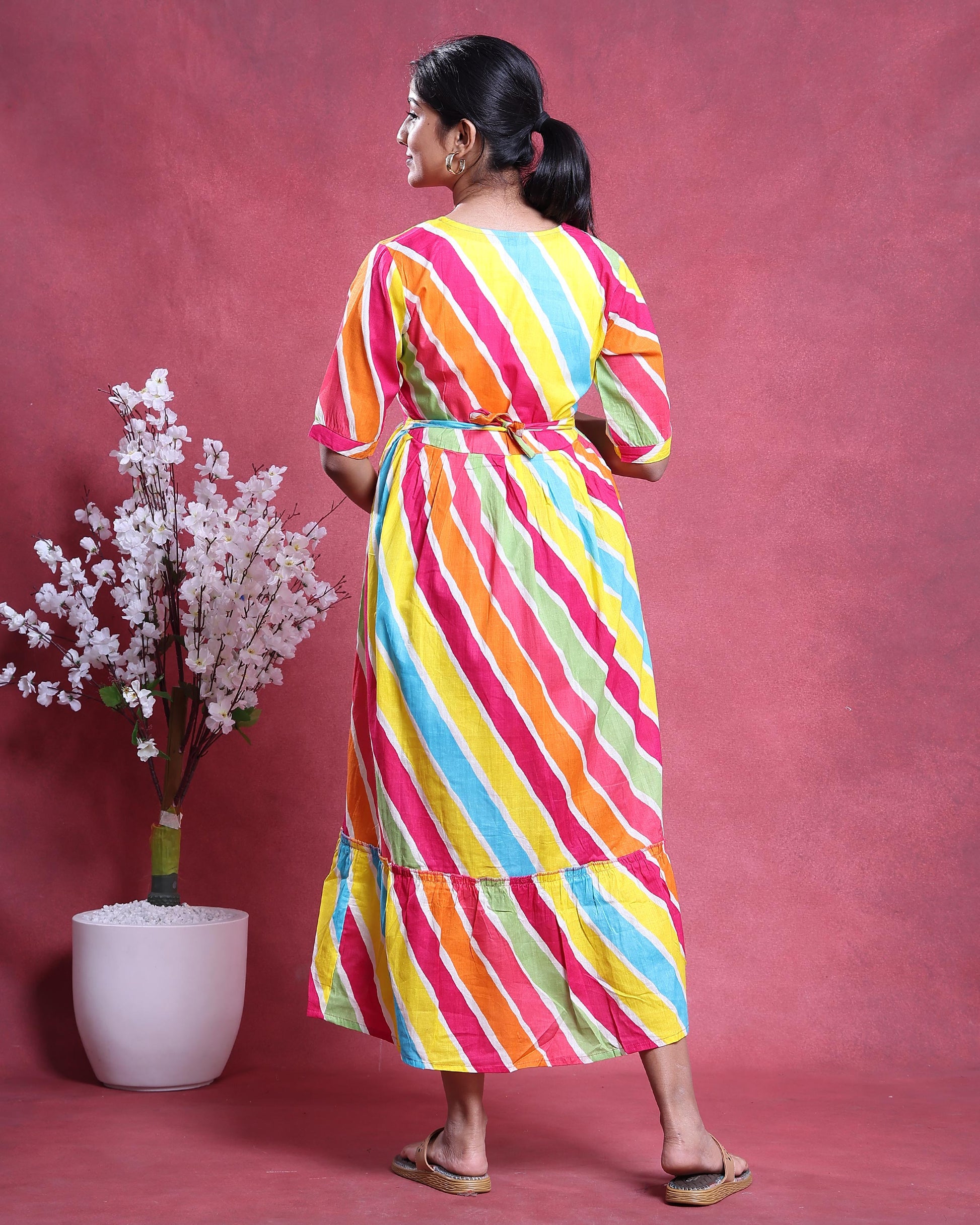 Women’s Striped Maternity Dress with V-Neck Half Sleeves Empire Waist and Flared Hem - Multi