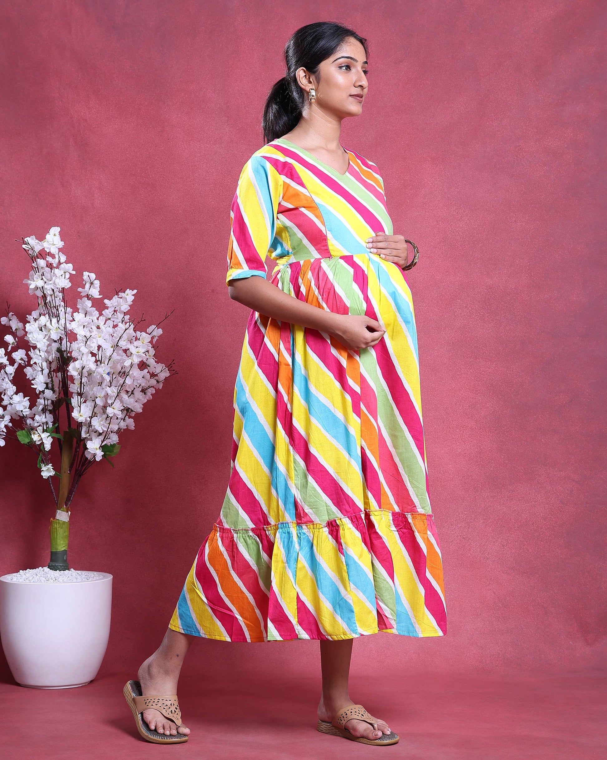 Women’s Striped Maternity Dress with V-Neck Half Sleeves Empire Waist and Flared Hem - Multi