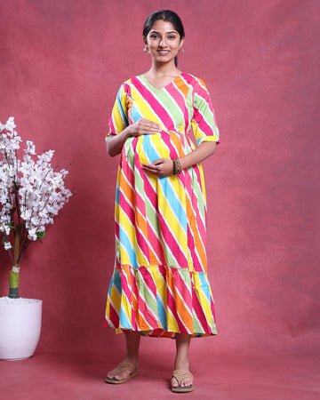 Women’s Striped Maternity Dress with V-Neck Half Sleeves Empire Waist and Flared Hem - Multi