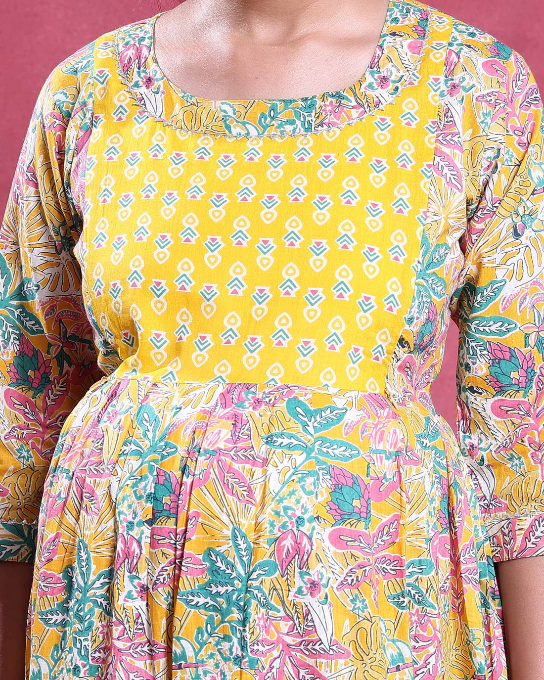 Women's Stylish Floral Print Maternity Feeding kurta with Empire Waist and 3/4th Sleeves - Yellow