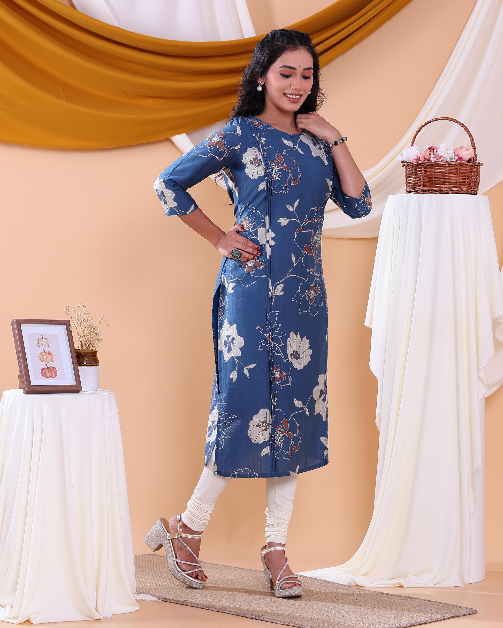 Women's Stylish Floral Printed Straight Kurta with 3/4th  Sleeves - Blue-Back