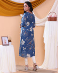 Women's Stylish Floral Printed Straight Kurta with 3/4th  Sleeves - Blue-Back