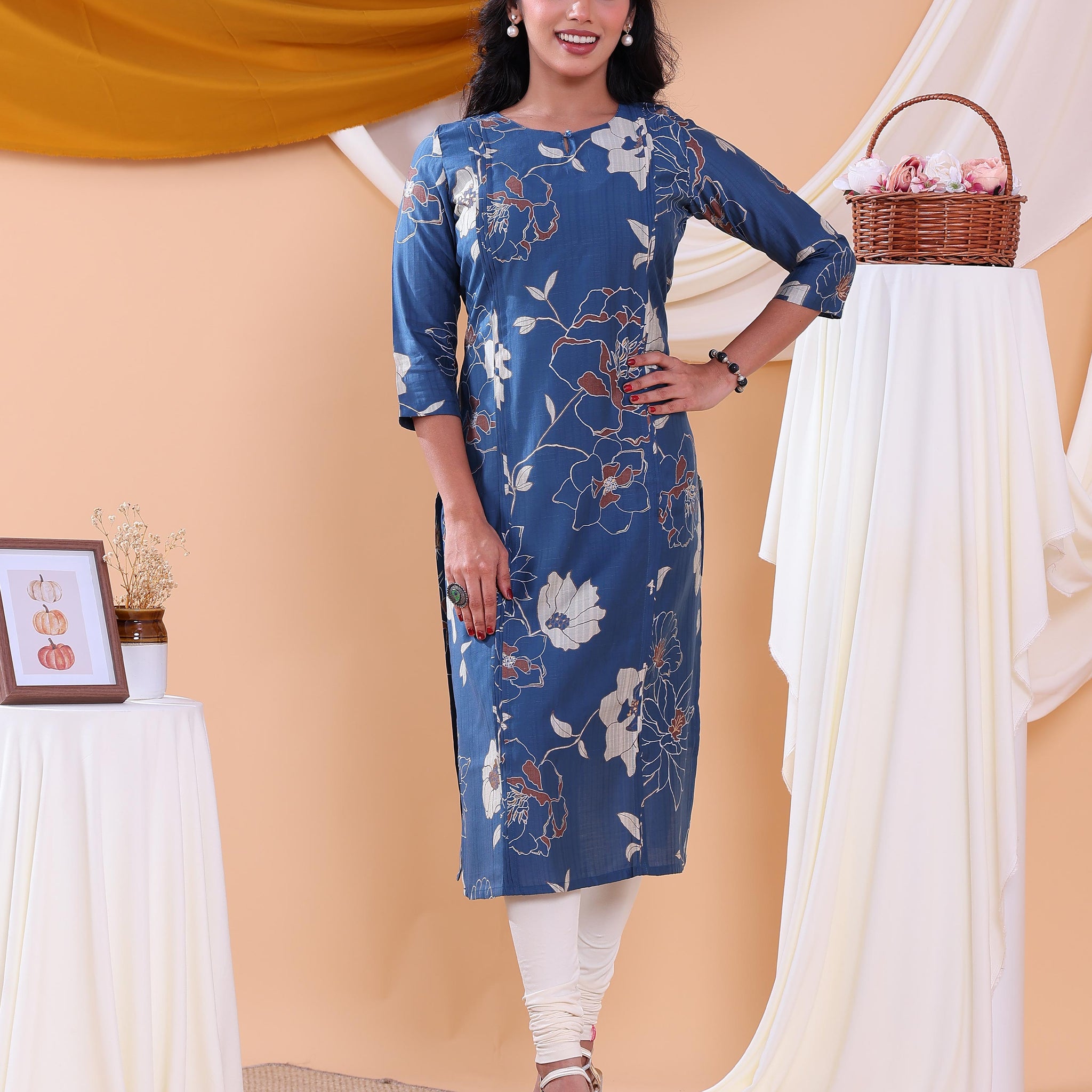 Women's Stylish Floral Printed Straight Kurta with 3/4th  Sleeves - Blue