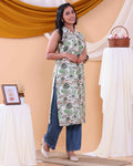 Women's Stylish Sleeveless Floral Printed Kurti with Collared Neck and Side Slits - White-Side