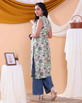 Women's Stylish Sleeveless Floral Printed Kurti with Collared Neck and Side Slits - White-Side