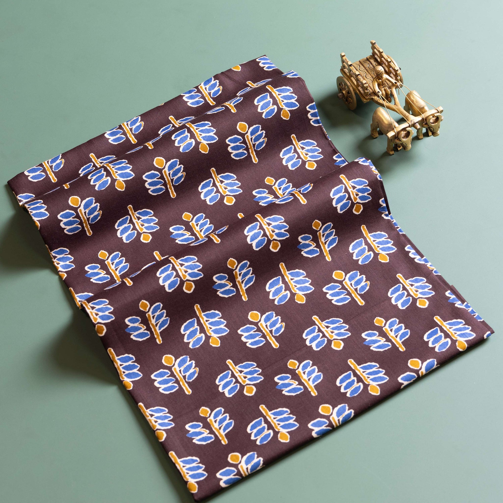 Women's Traditional Ethnic Style Blouse Material with Repeating Leaf Design - Brown