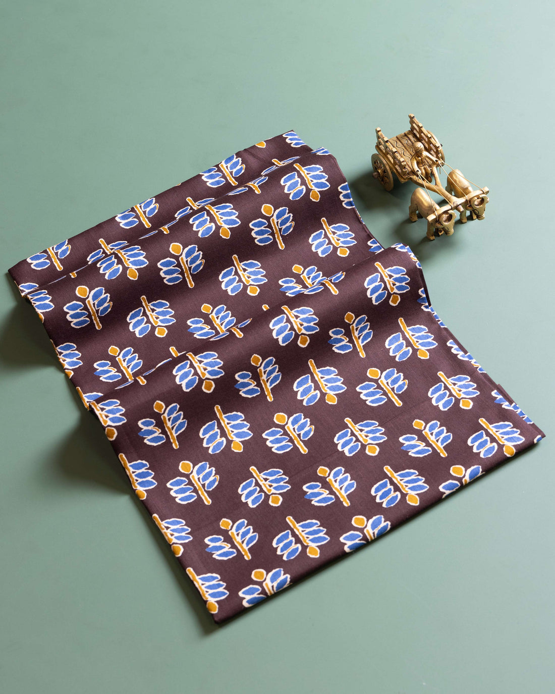 Women's Traditional Ethnic Style Blouse Material with Repeating Leaf Design - Brown