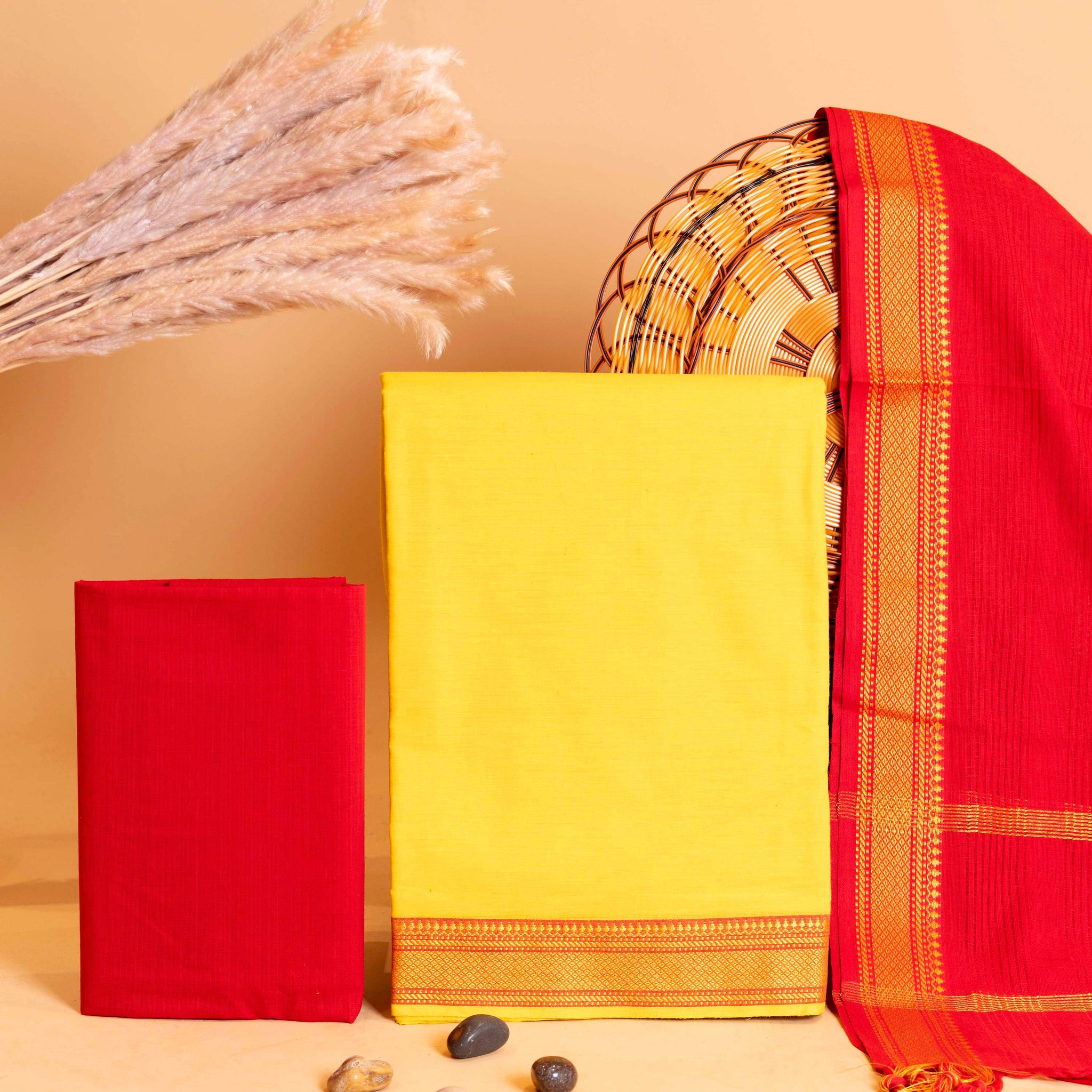 Women's Traditional Handloom Cotton Salwar Suit Set with Woven Border - Yellow