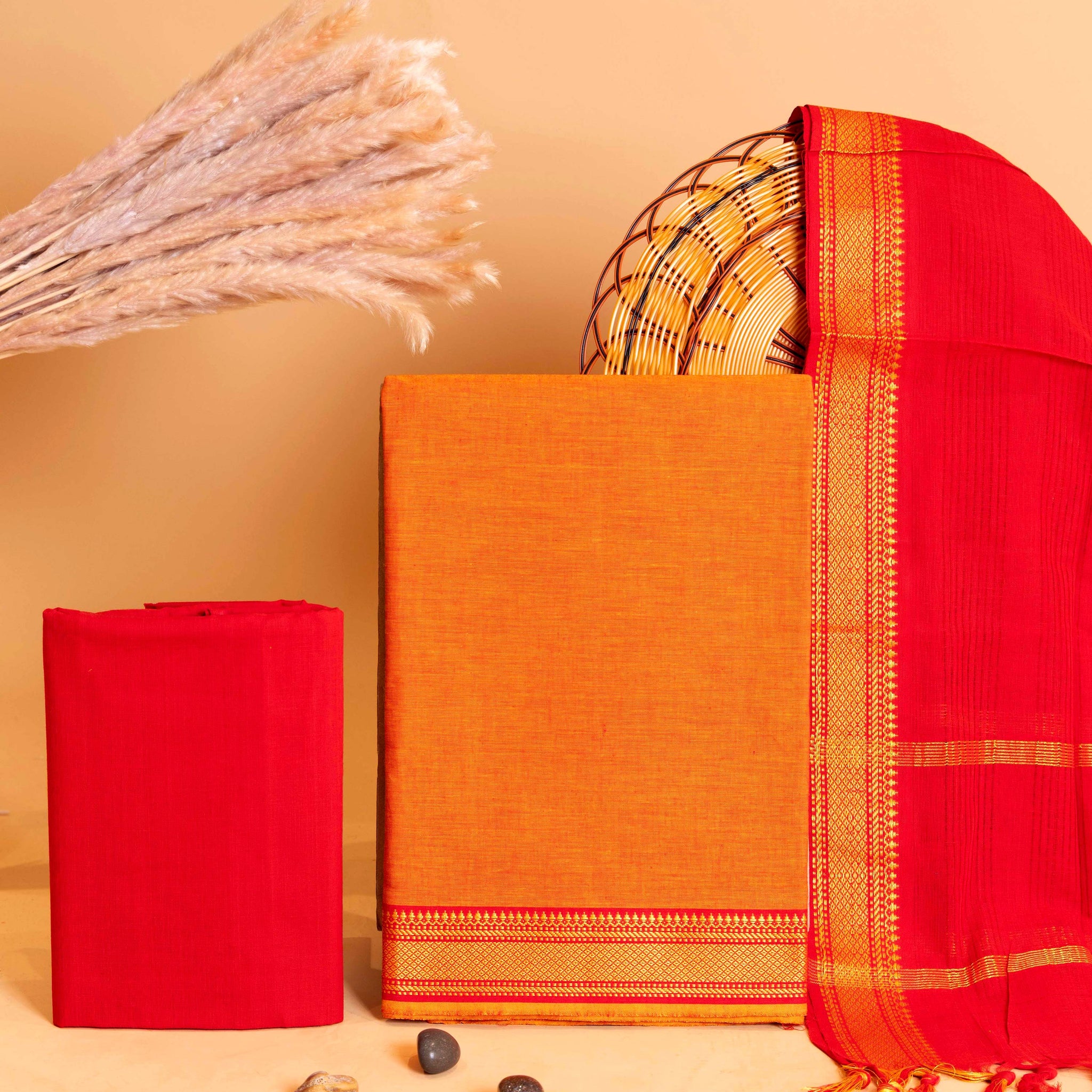 Women's Traditional Handwoven Cotton Salwar Suit Material with Intricate Zari Border and  Dupatta  - Orange