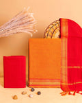 Women's Traditional Handwoven Cotton Salwar Suit Material with Intricate Zari Border and  Dupatta  - Orange