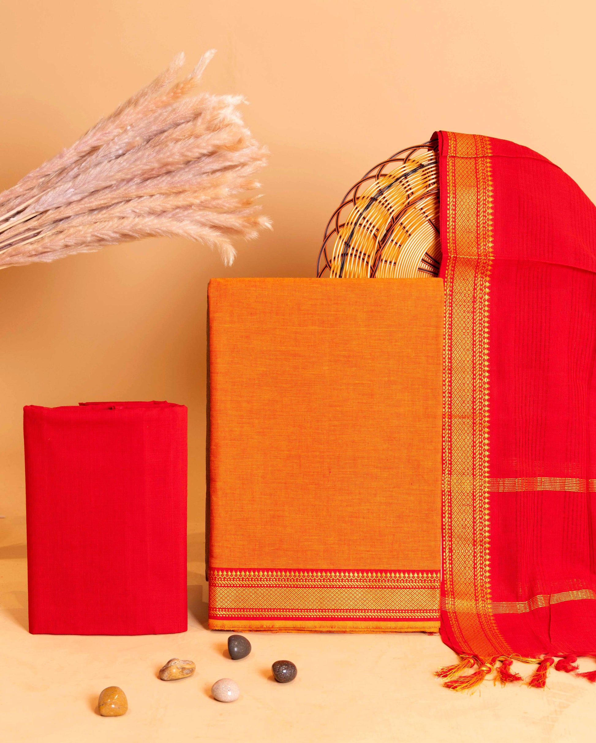 Women's Traditional Handwoven Cotton Salwar Suit Material with Intricate Zari Border and  Dupatta  - Orange