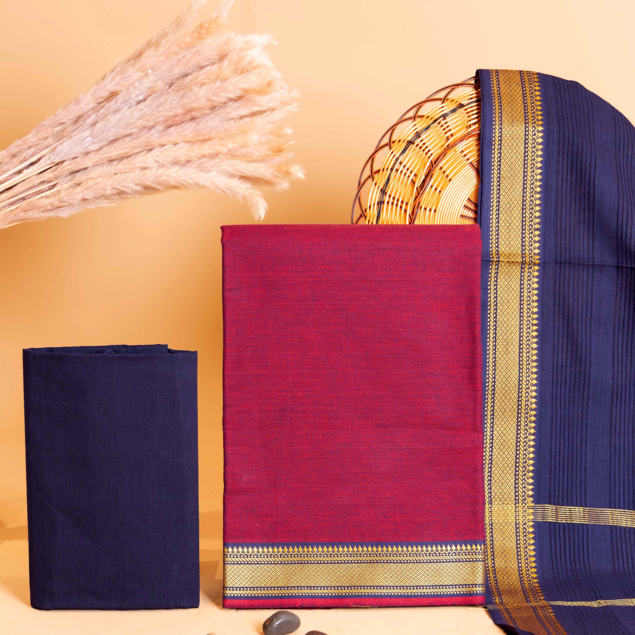 Women's Traditional Handwoven Salwar Material Set with Zari Border and Dupatta - Maroon