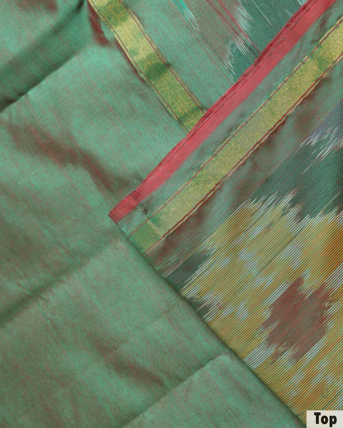 Women’s Traditional Woven Ikkat Design Salwar Suit Material Set Top 2.5 Mtr, Solid Bottom 2 Mtr and Dupatta 2.25 mtr with Contrast Border - Green