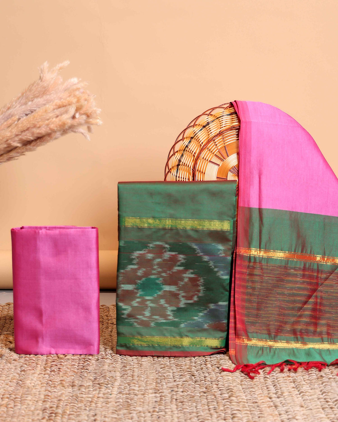 Women’s Traditional Woven Ikkat Design Salwar Suit Material Set Top 2.5 Mtr, Solid Bottom 2 Mtr and Dupatta 2.25 mtr with Contrast Border - Green