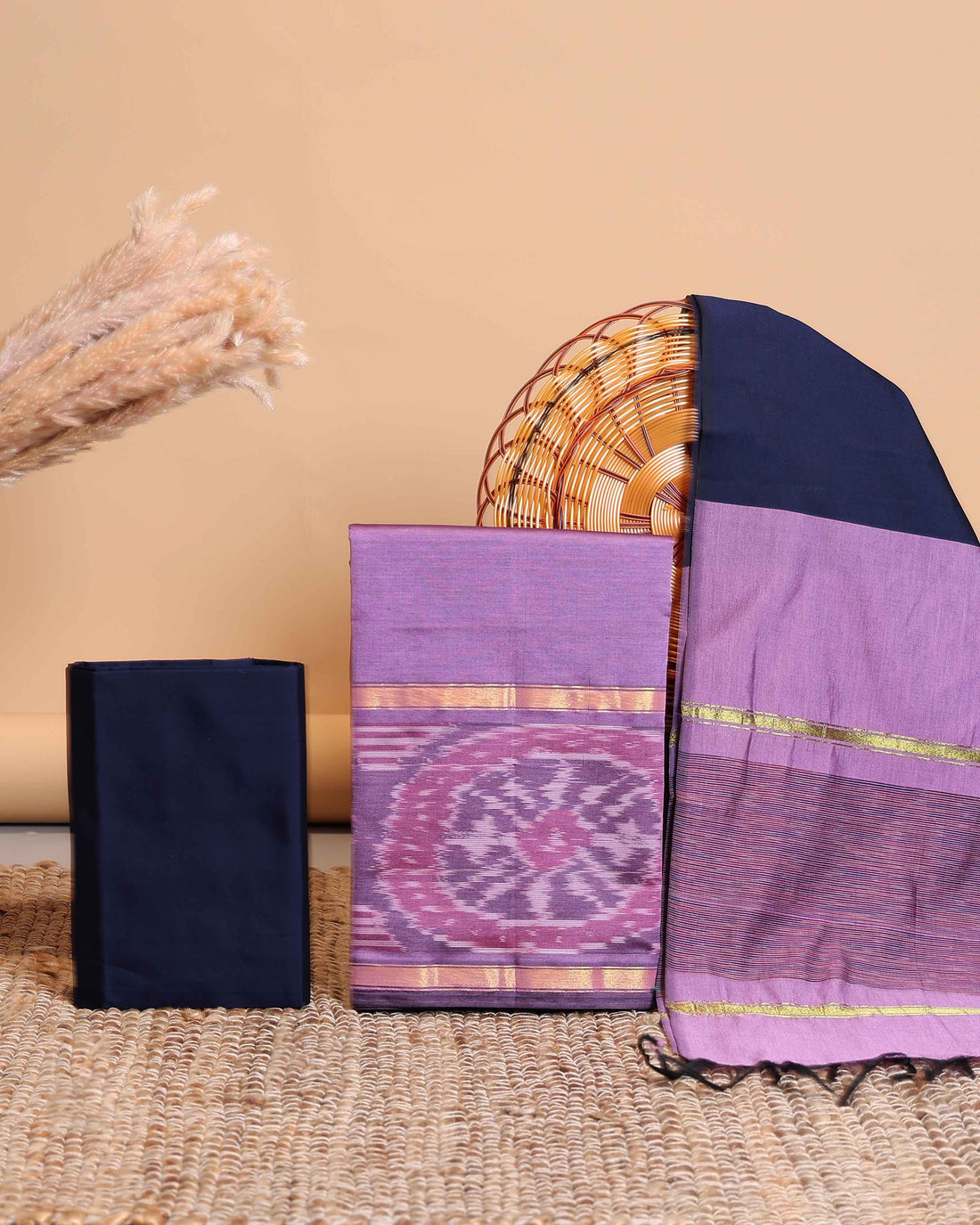 Women’s Traditional Woven Ikkat Design Salwar Suit Material Set Top 2.5 Mtr, Solid Bottom 2 Mtr and Dupatta 2.25 mtr with Contrast Border - Light Purple