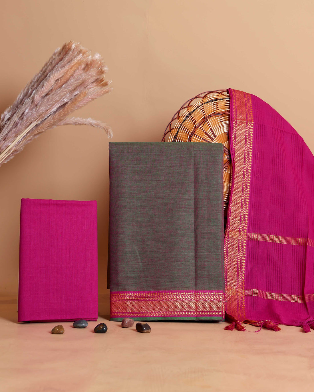 Women's Unstitched Cotton Salwar Material with Contrast Border and Matching Dupatta - Dark Green