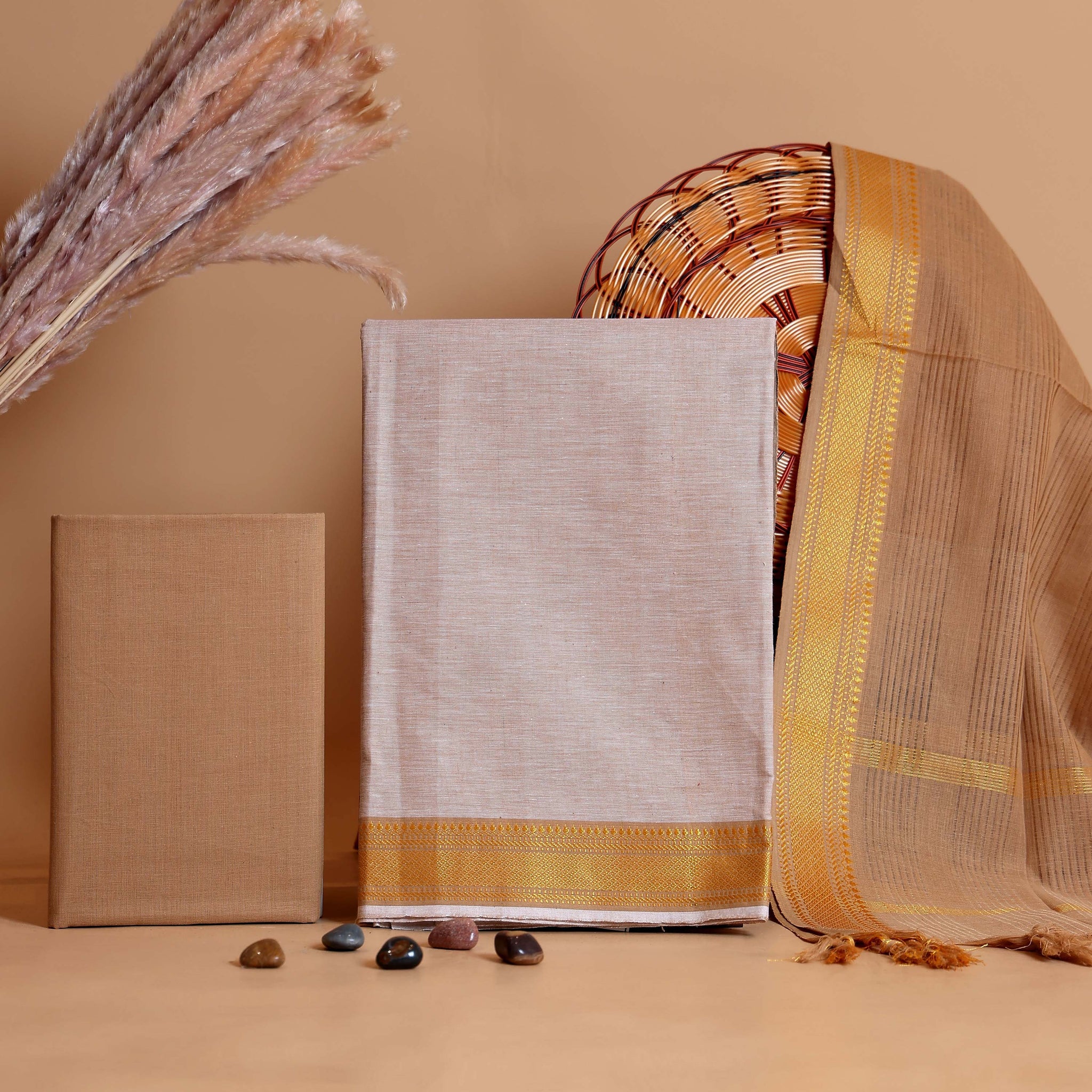 Women's Unstitched Cotton Salwar Suit Material with Elegant Zari Border and Matching Dupatta - Brown