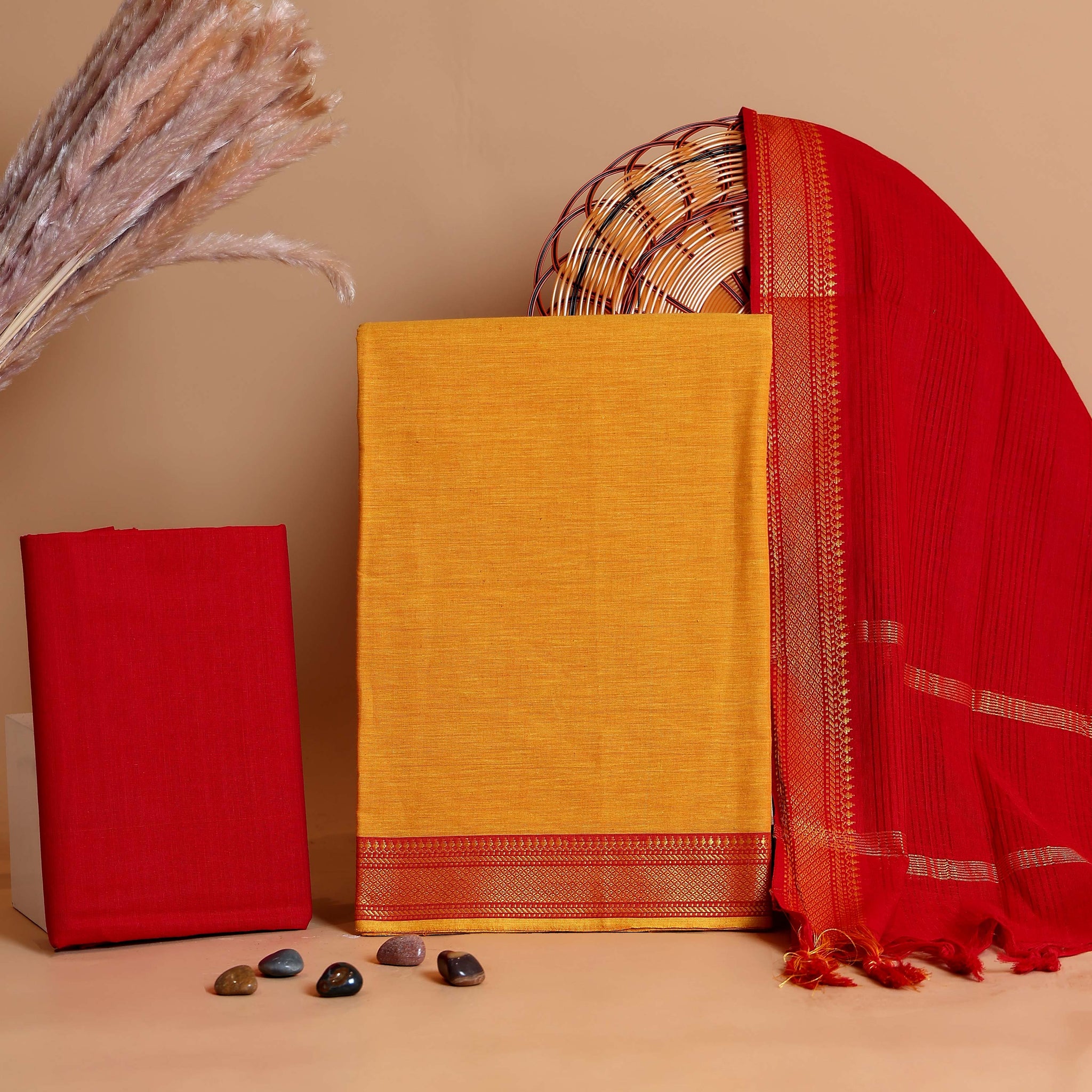 Women's Unstitched Cotton Salwar Suit Material with Traditional Zari Border and Contrast Dupatta - Yellow