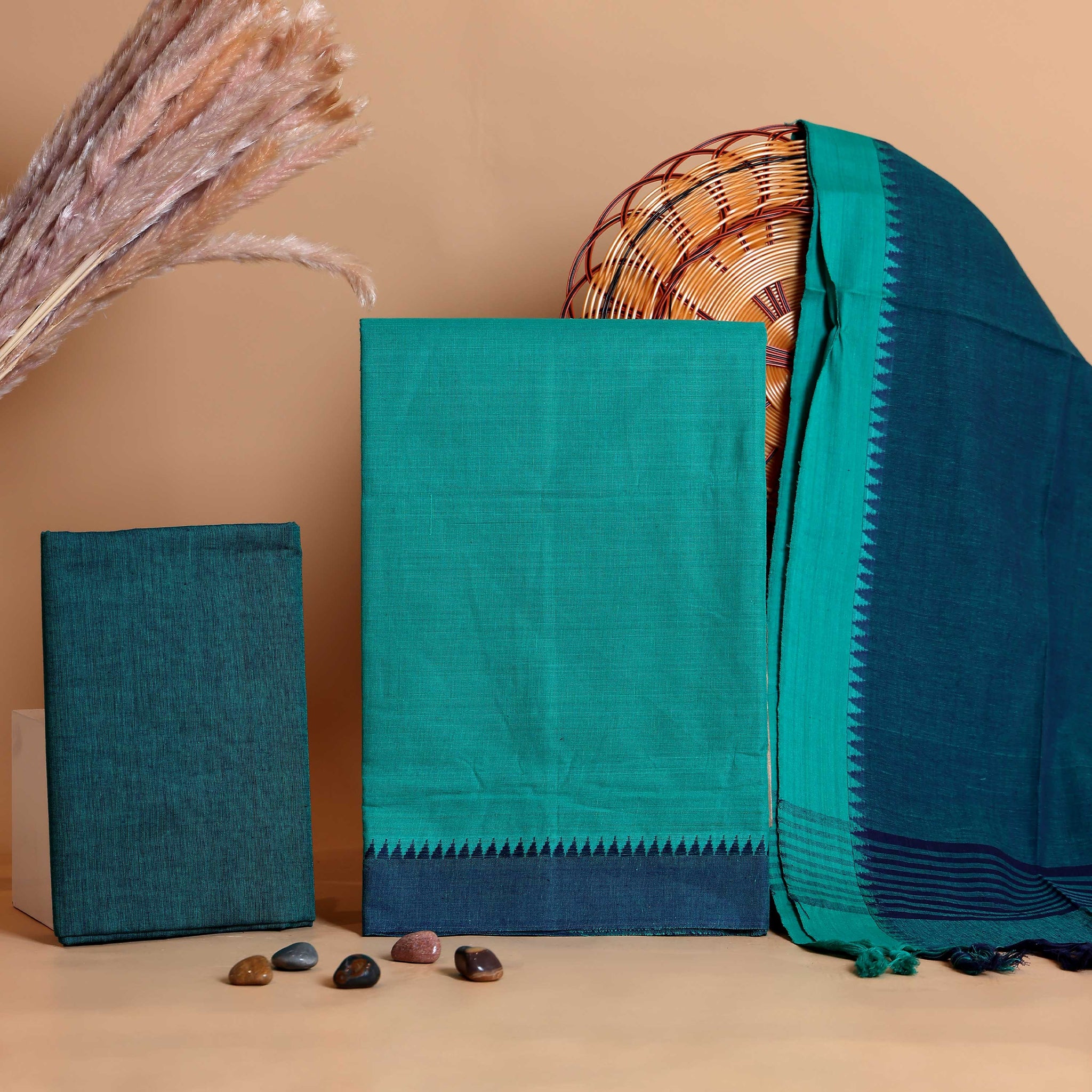 Women's Unstitched Cotton Salwar Suit Material with Woven Body and Contrast Dupatta Temple Border Design - Green