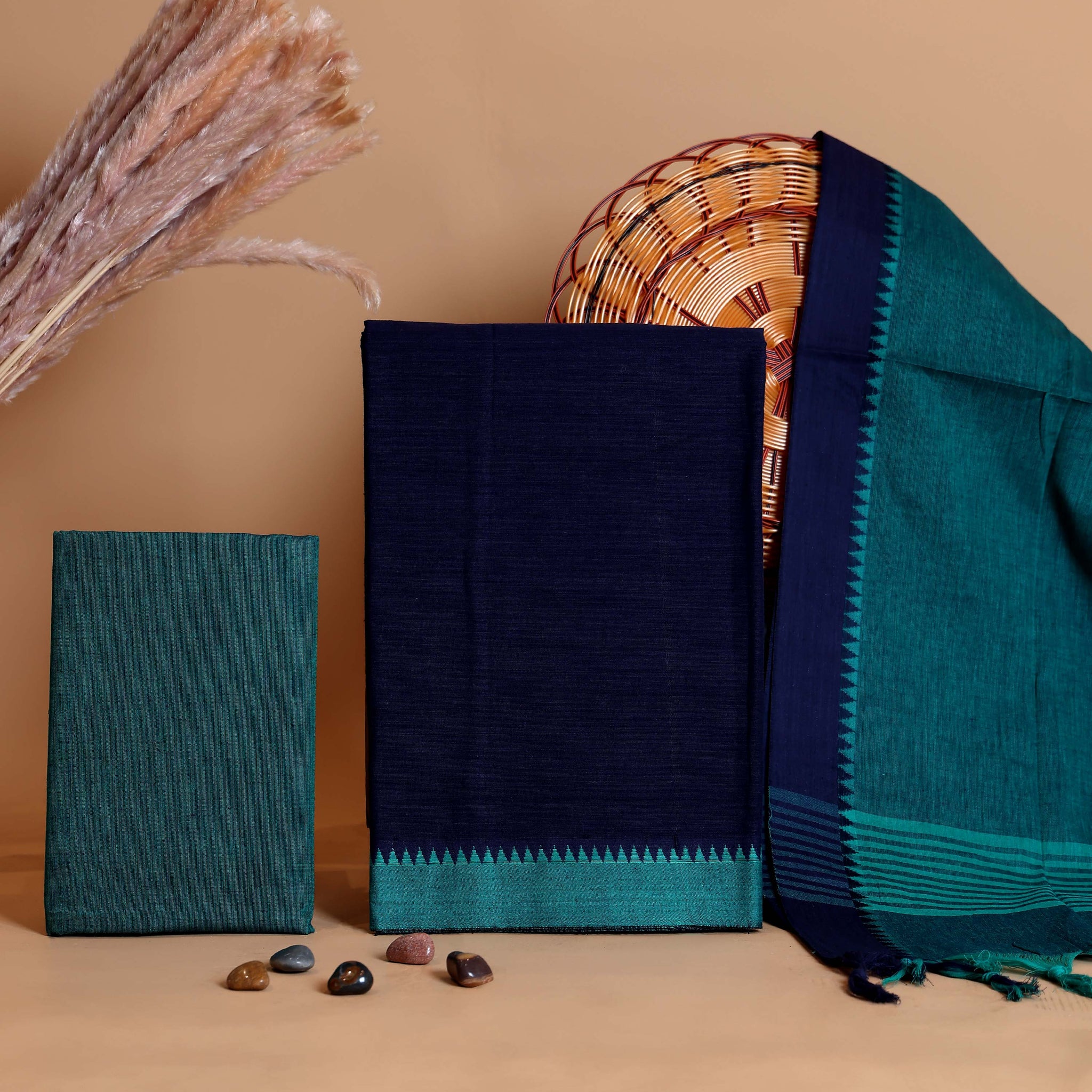 Women's Unstitched Cotton Salwar Suit Material with Woven Border and Contrast Dupatta - Navy Blue