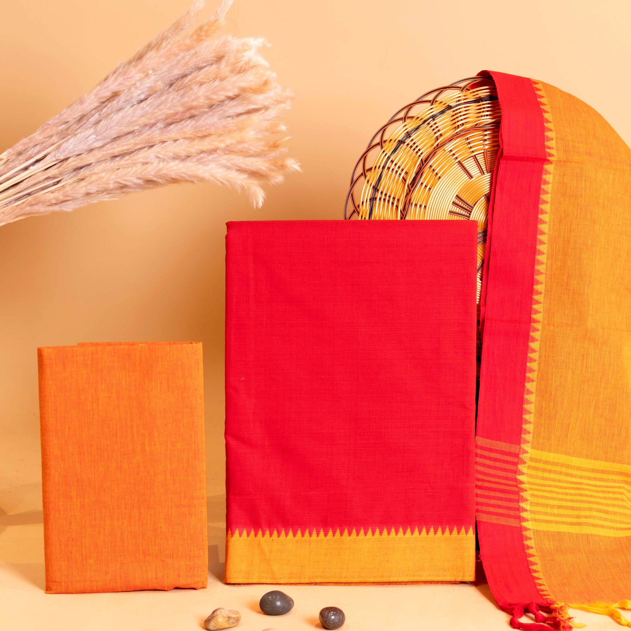 Women's Unstitched Cotton Salwar Suit Material with Woven Border and Dupatta- Red