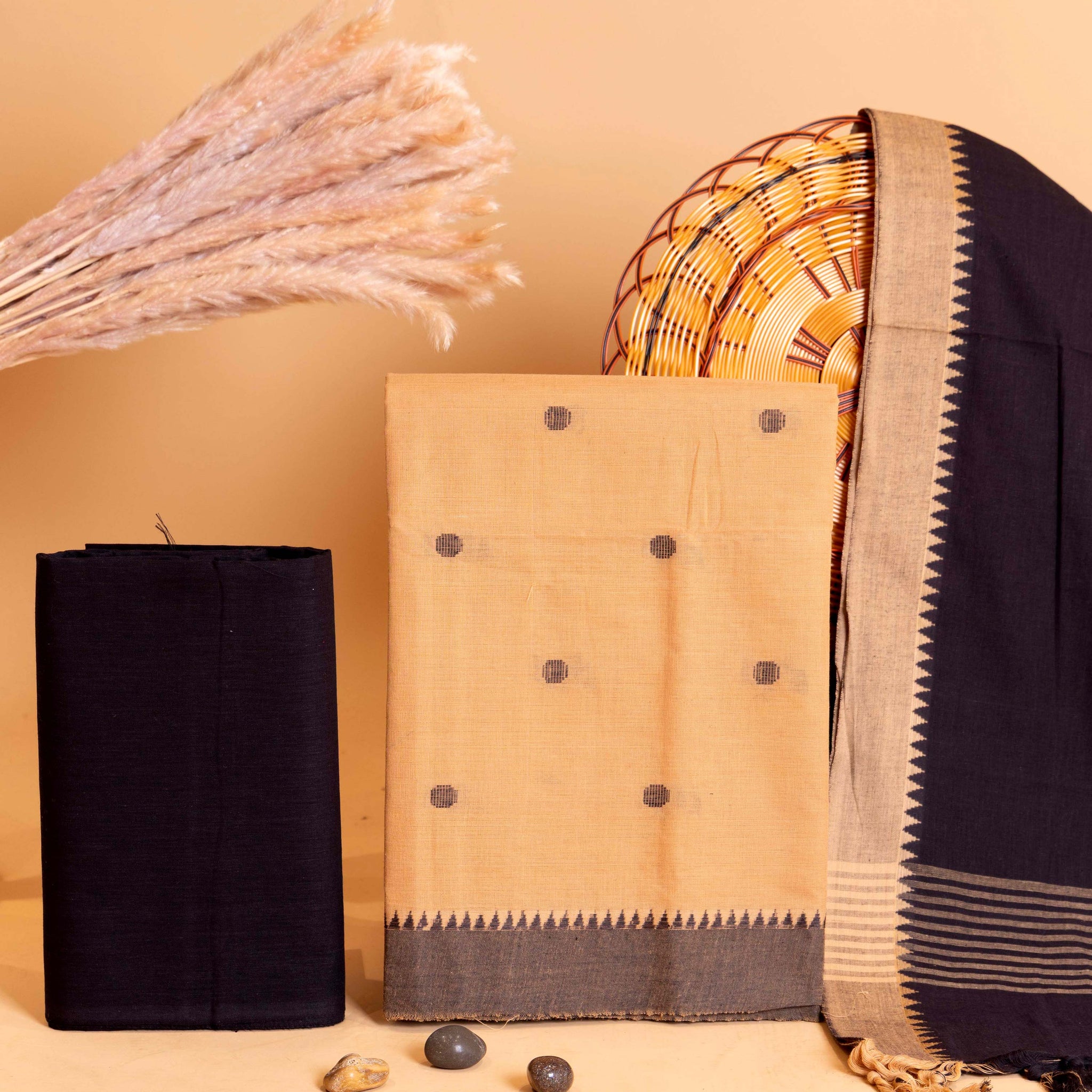 Women's Unstitched Cotton Salwar Suit Material with Woven Border and Dupatta- Sandal