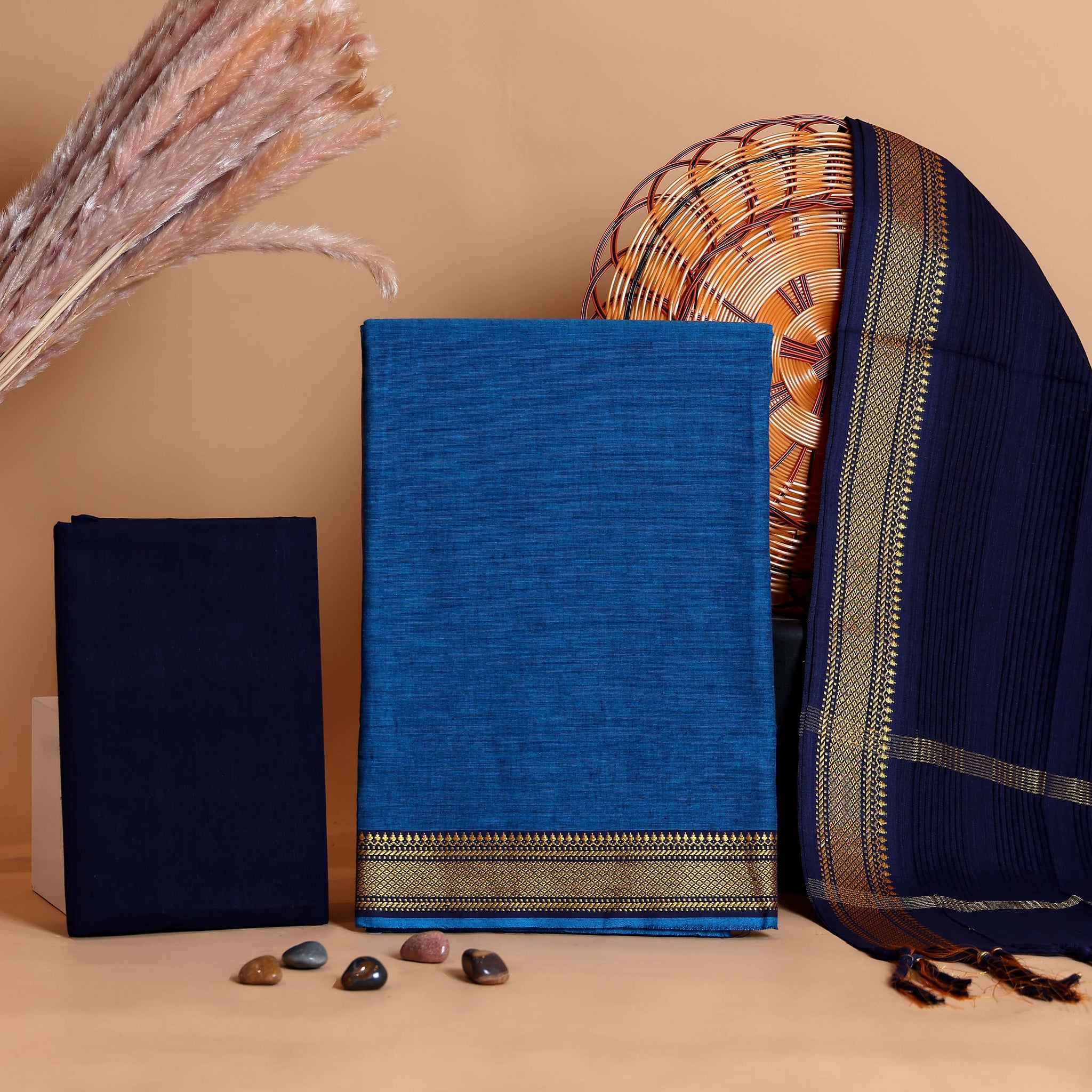 Women's Unstitched Cotton Salwar Suit Material with Woven Zari Border and Contrast Dupatta - Blue