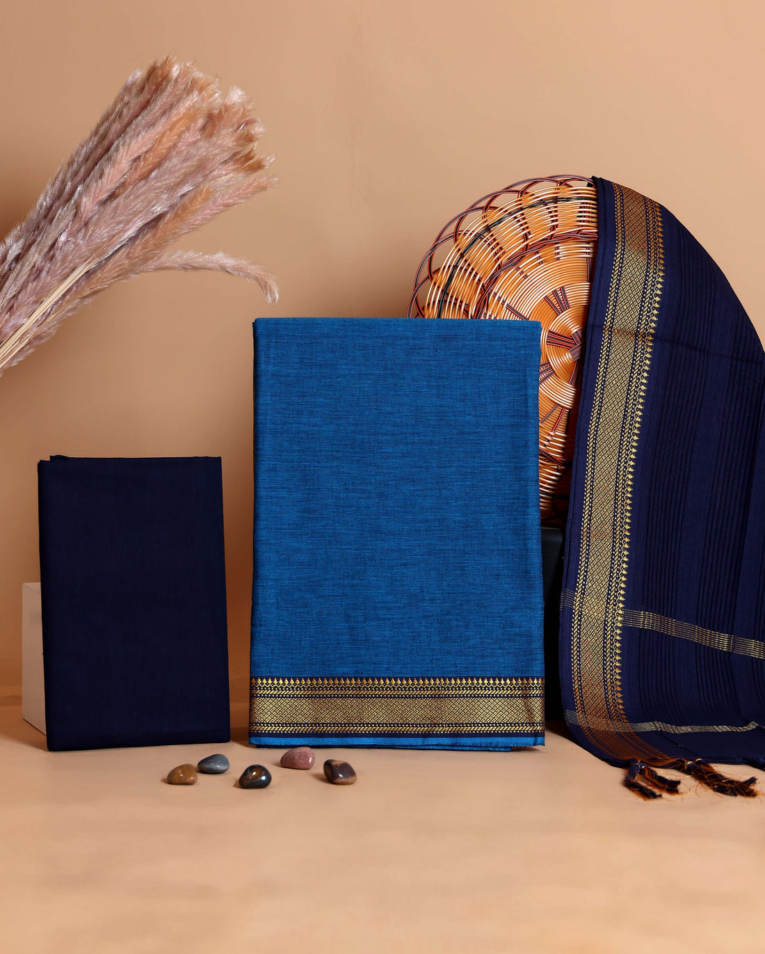 Women's Unstitched Cotton Salwar Suit Material with Woven Zari Border and Contrast Dupatta - Blue