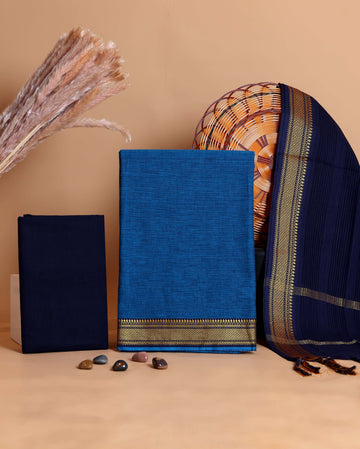 Women's Unstitched Cotton Salwar Suit Material with Woven Zari Border and Contrast Dupatta - Blue