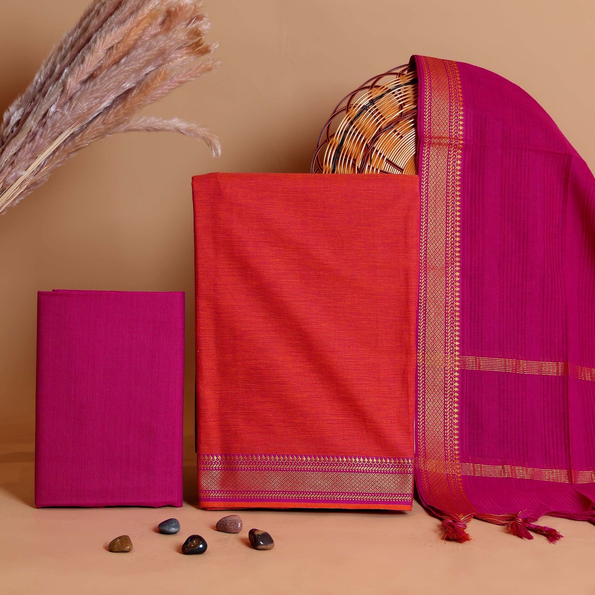 Women's Unstitched Cotton Salwar Suit Material with Woven Zari Border and Contrast Dupatta - Red